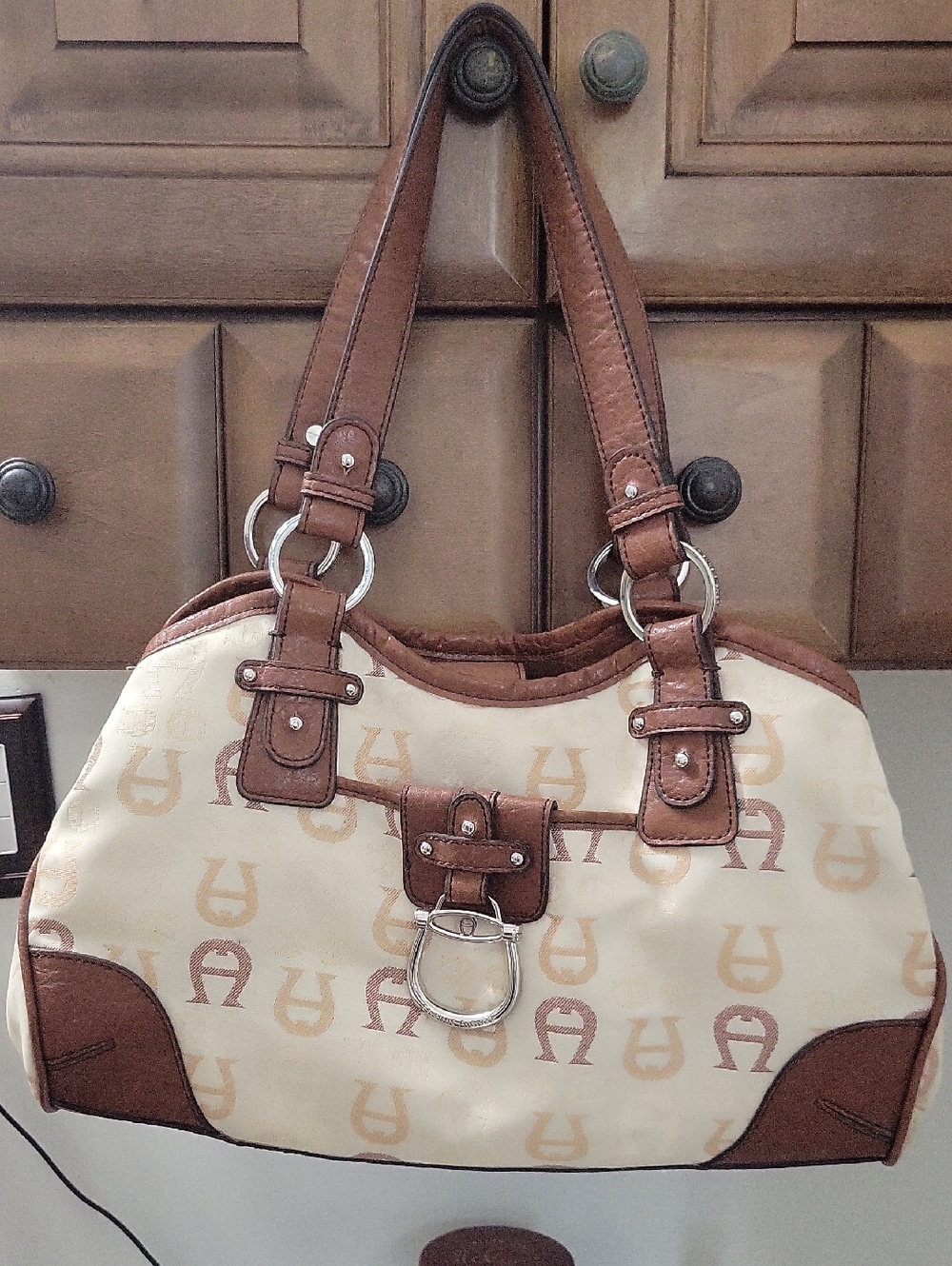 Etienne Aigner Cream & Brown Monogram Shoulder Bag